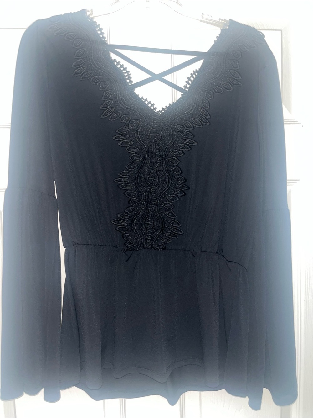 Maurices Black Long-Sleeve Peplum Top with Lace Trim